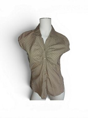 Cap-Sleeve Gathered Front Plaid Button-Up Top in Beige Size Large, Euc